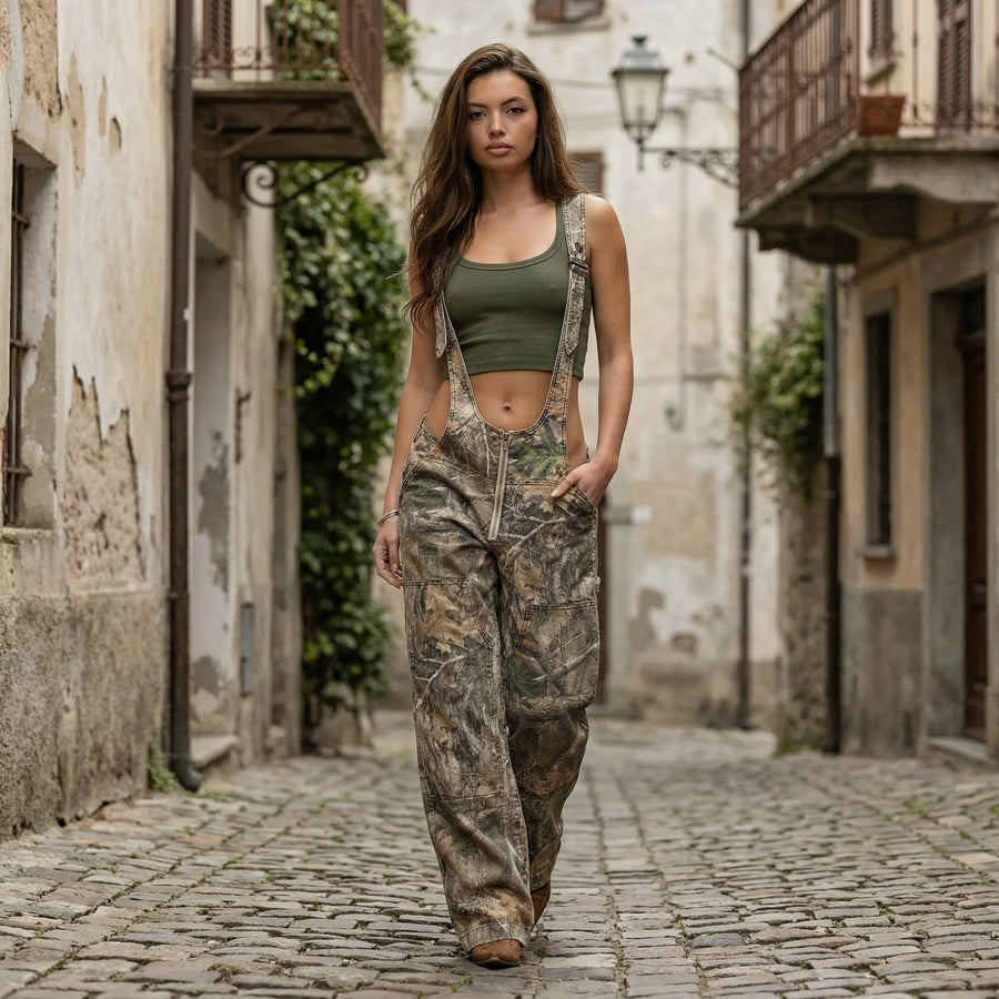 Wide-Leg Denim Overall - Camo