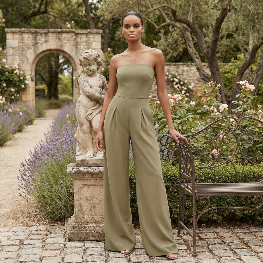 Strapless Wide-Leg Jumpsuit - Khaki