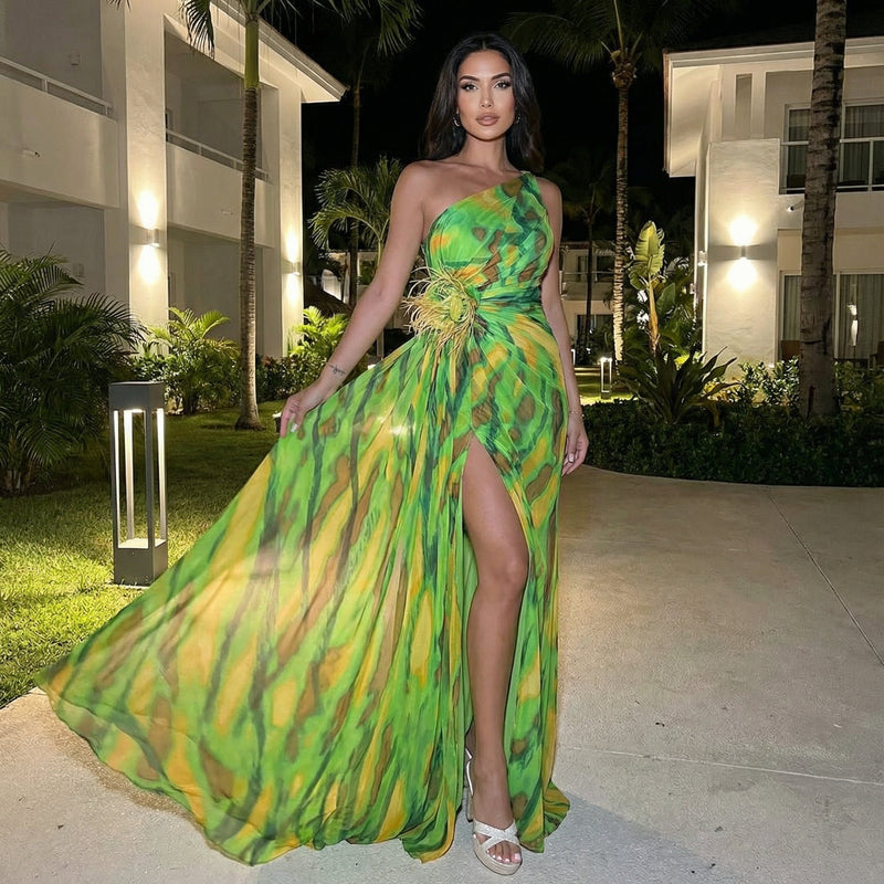Illyra - Off-Shoulder Slit Printed Maxi Dress