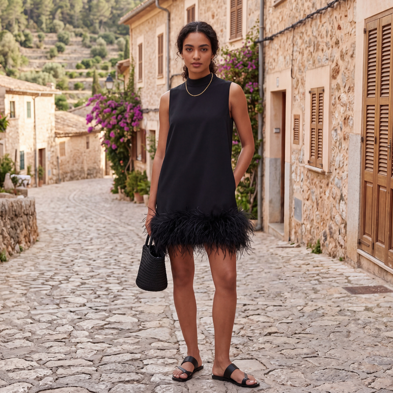Adunma - A-Line Fur Hem Mini Dress