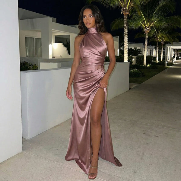 Orlira - Halterneck Sleeveless Slit Maxi Dress