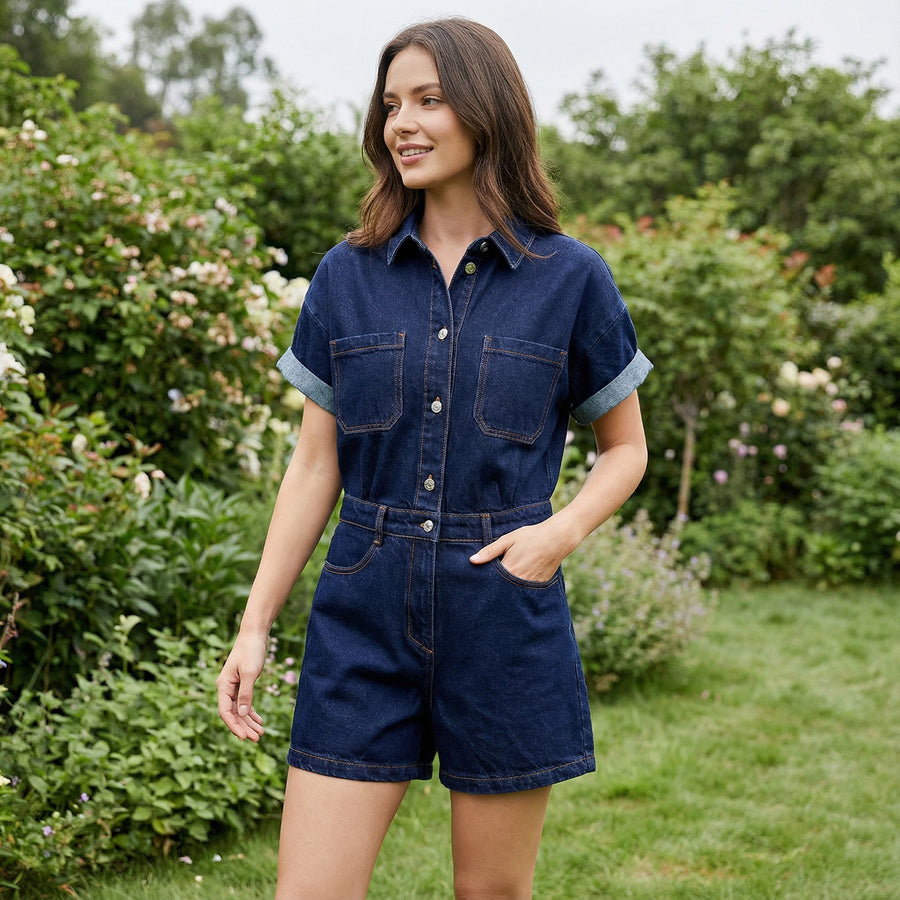 Denim Button-Up Jumpsuit - Dark Denim
