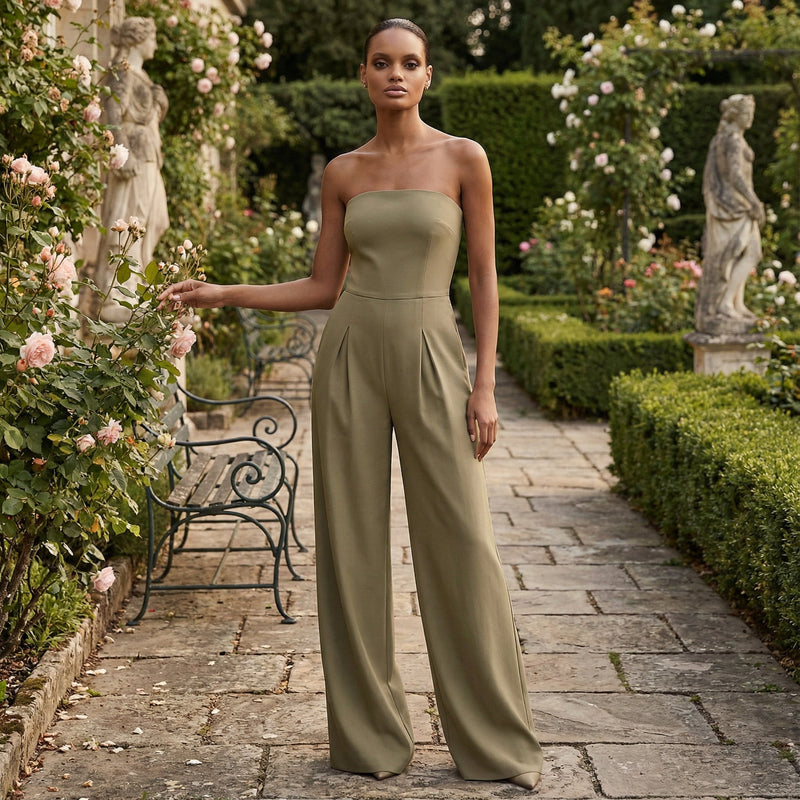 Strapless Wide-Leg Jumpsuit - Khaki