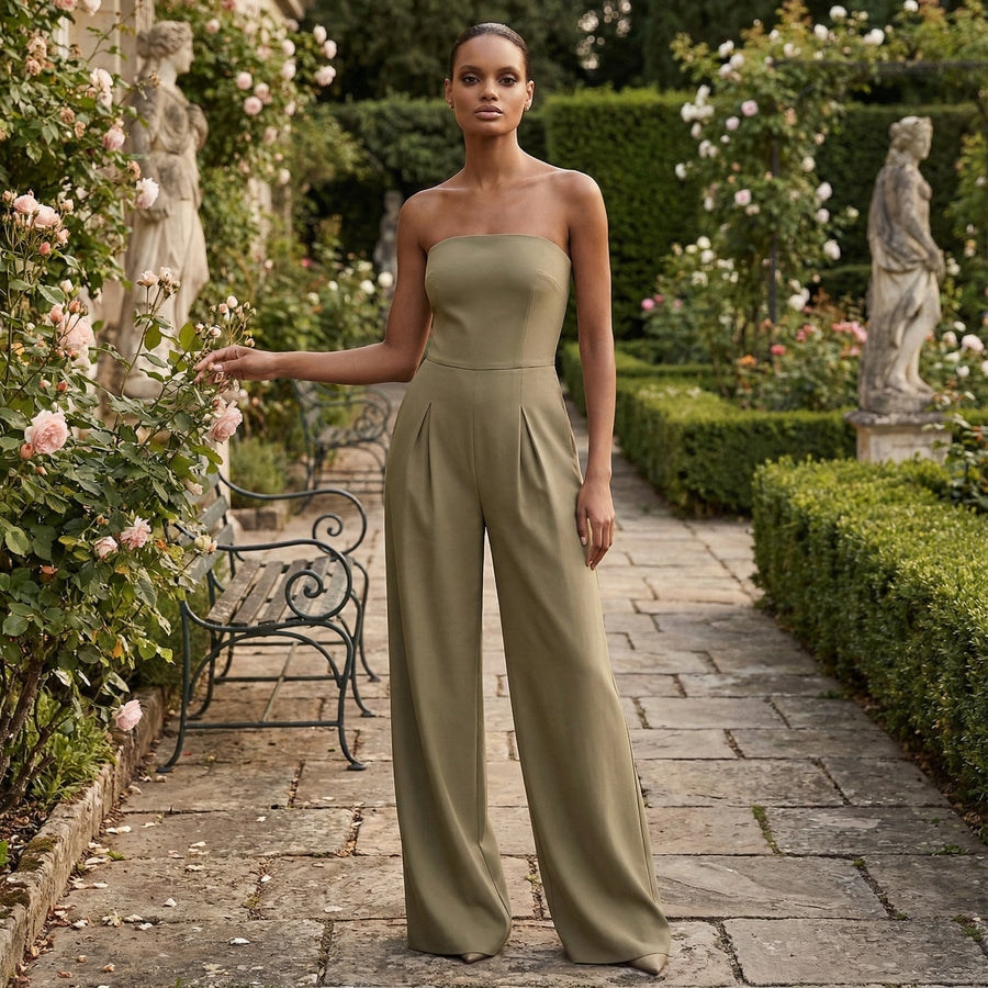 Strapless Wide-Leg Jumpsuit - Khaki