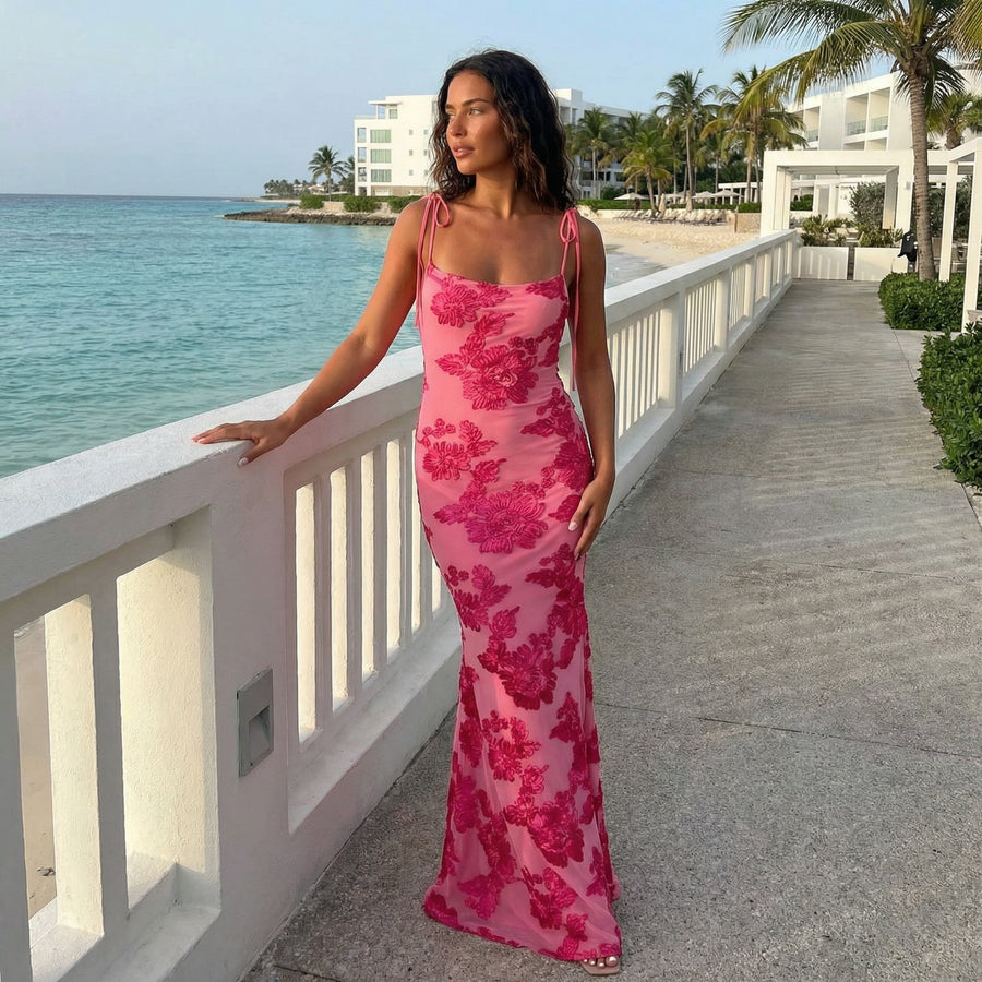 Xavina - Pink Floral Knot-Strap Dress