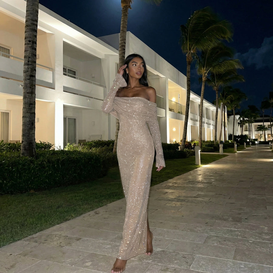 Ziraelle - Off-Shoulder Shimmer Maxi Dress