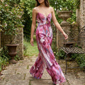Twist-Front Wide-Leg Floral Print Jumpsuit - Pink