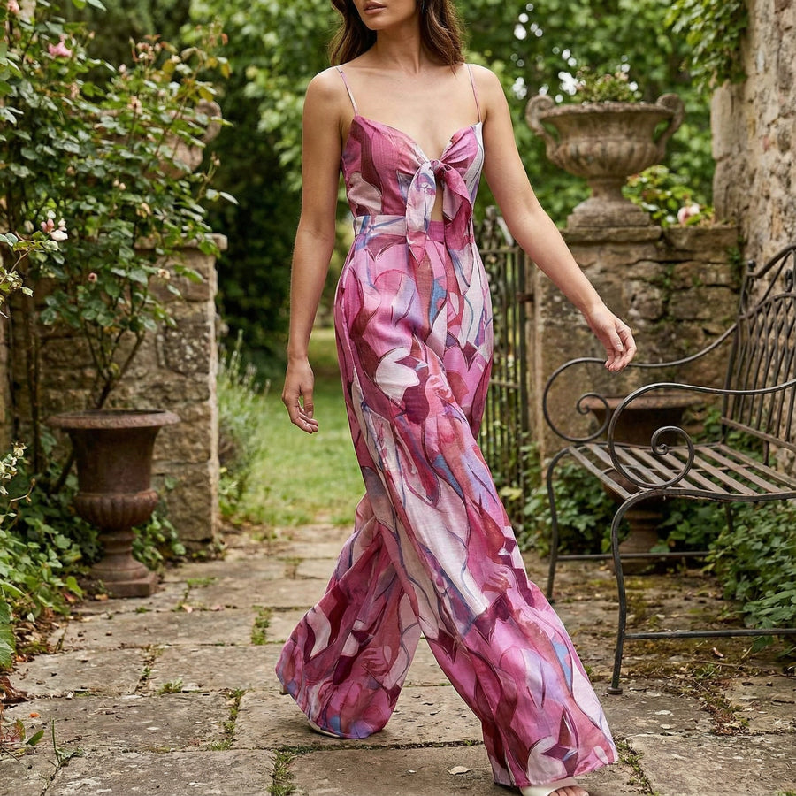 Twist-Front Wide-Leg Floral Print Jumpsuit - Pink