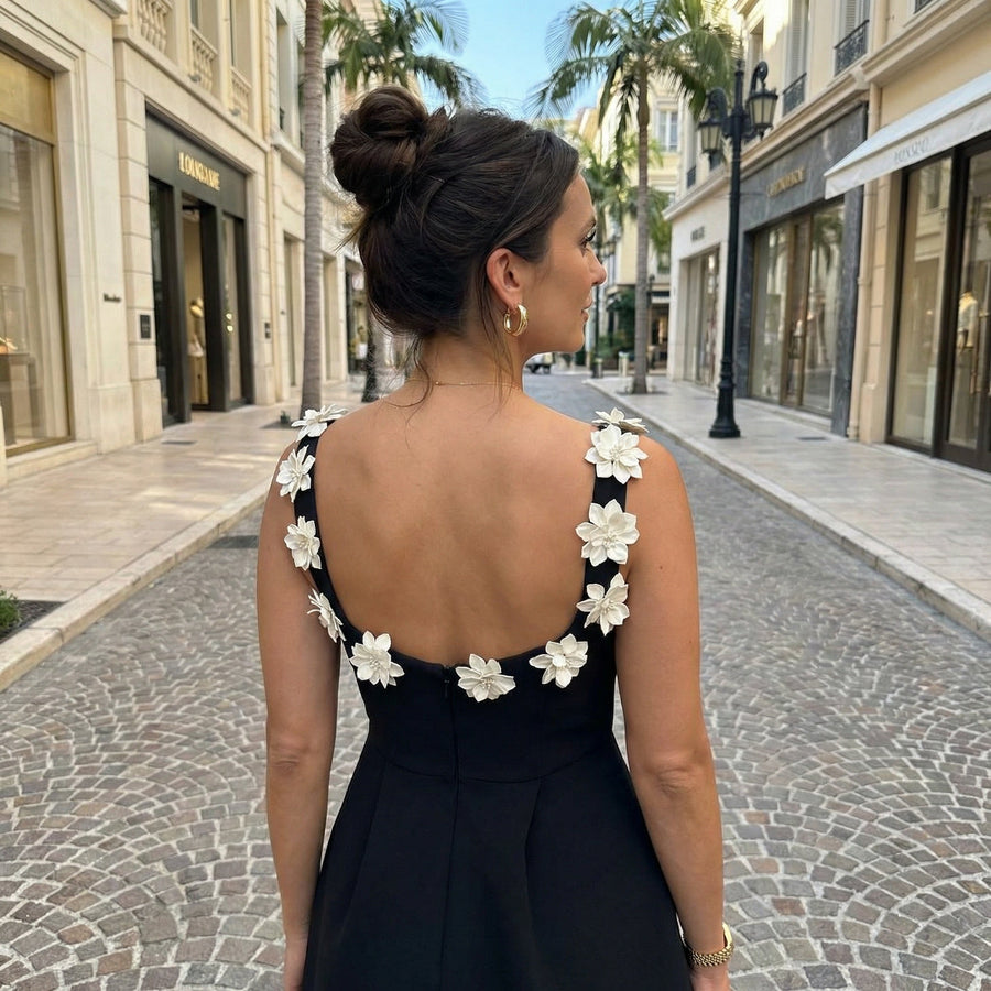 Soliris - Floral Neckline Solid Mini Dress