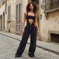 Wide-Leg Denim Overall - Black