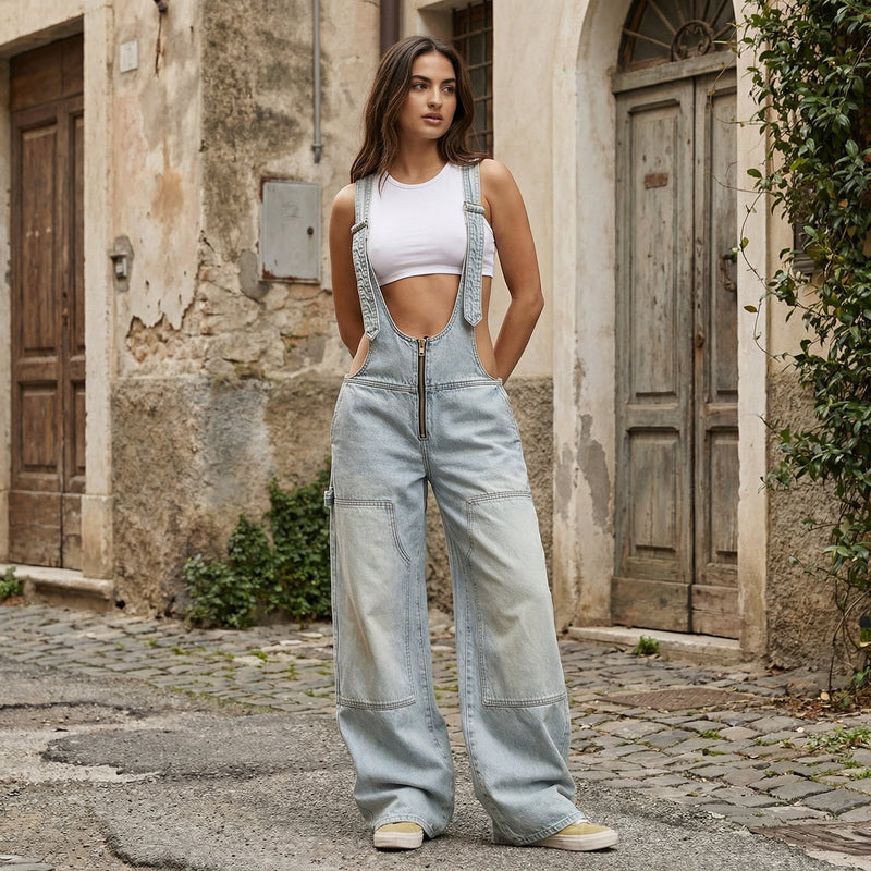 Wide-Leg Denim Overall - Light Denim
