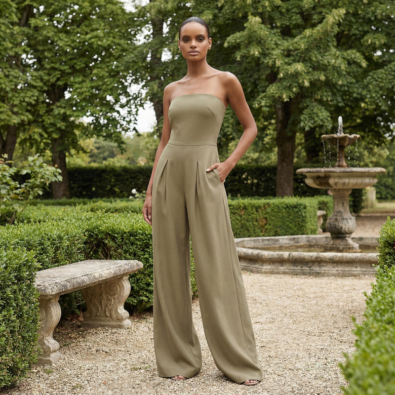 Strapless Wide-Leg Jumpsuit - Khaki
