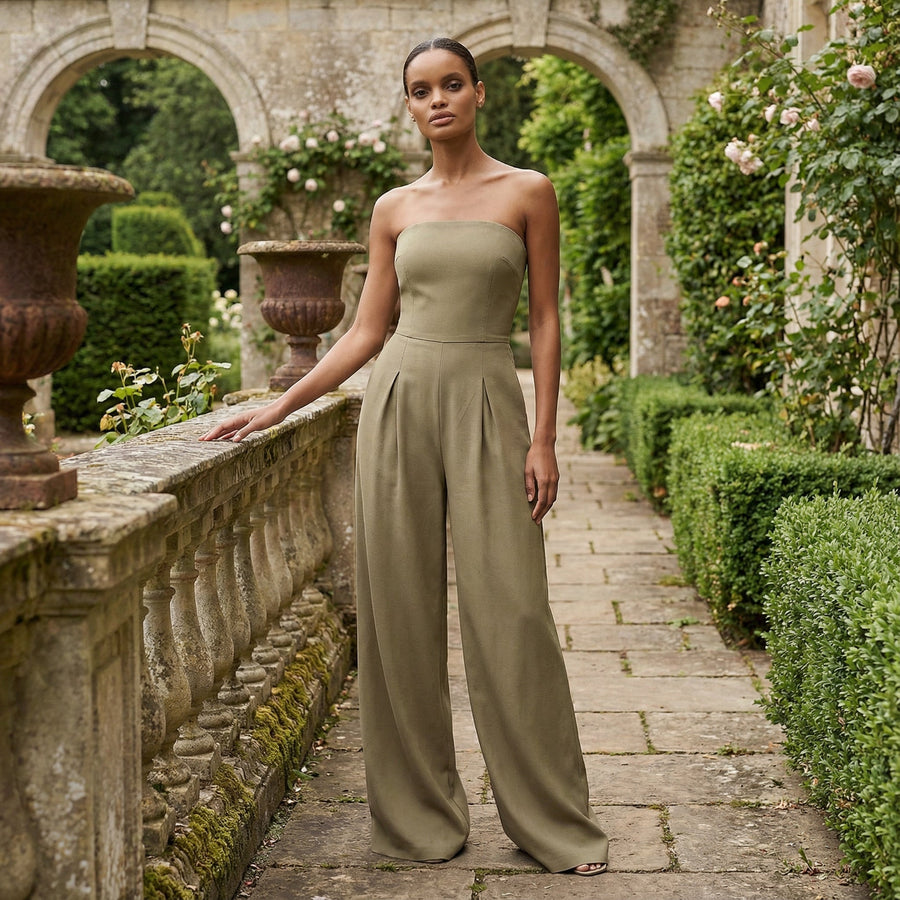 Strapless Wide-Leg Jumpsuit - Khaki