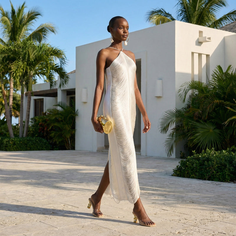 Verity -  Fringe Halter Gown