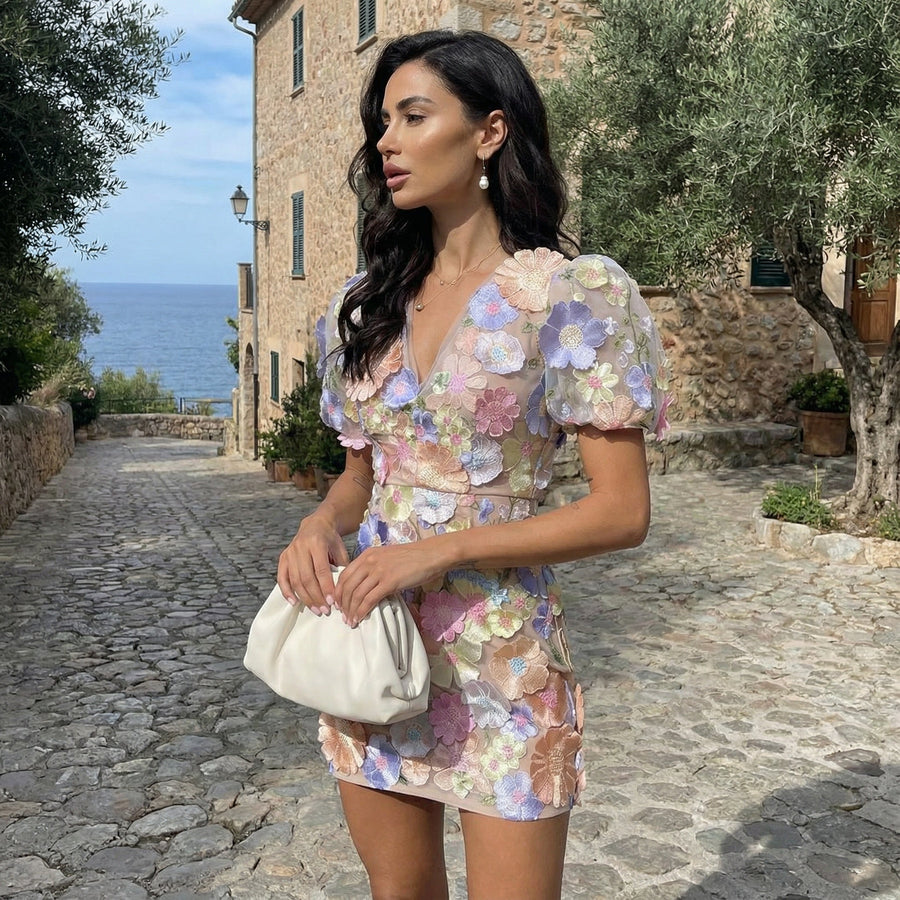 Sue - Floral Mini Dress With Puff Sleeves