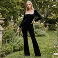Velour Long-Sleeve Jumpsuit - Black