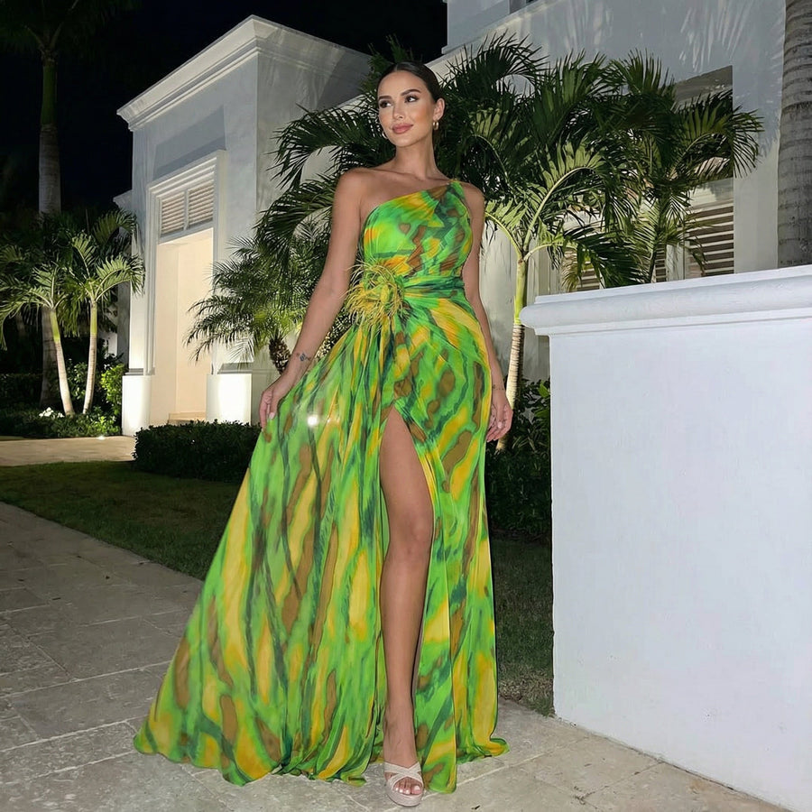 Illyra - Off-Shoulder Slit Printed Maxi Dress