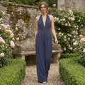 V-Neck Wide-Leg Jumpsuit - Navy Blue