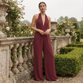 V-Neck Wide-Leg Jumpsuit - burgundy