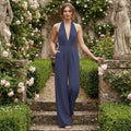 V-Neck Wide-Leg Jumpsuit - Navy Blue