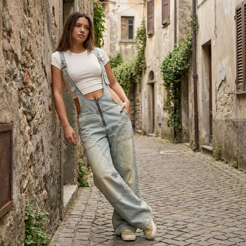 Wide-Leg Denim Overall - Light Denim