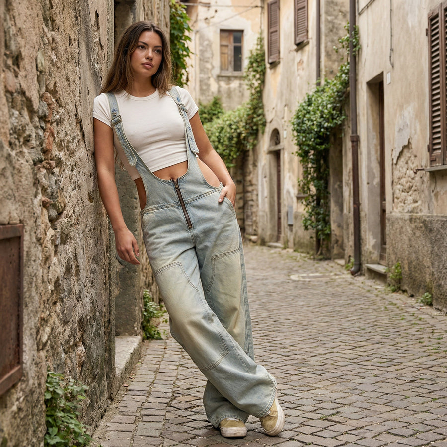 Wide-Leg Denim Overall - Light Denim