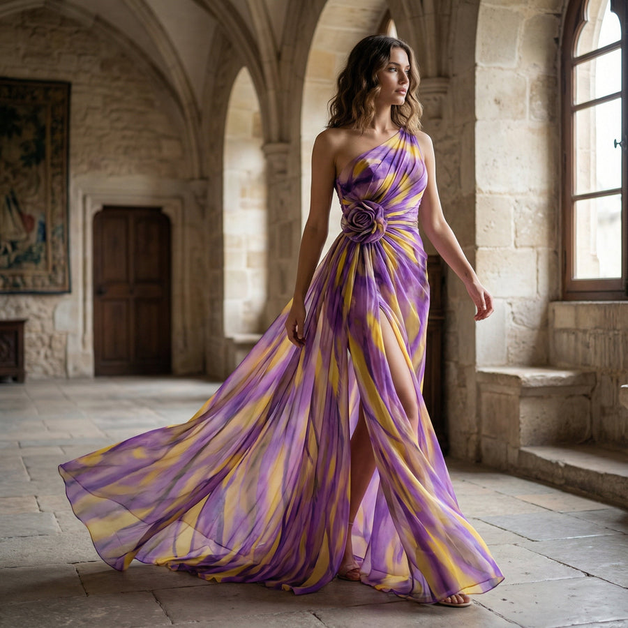 Illyra - Off-Shoulder Slit Printed Maxi Dress