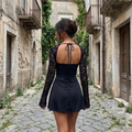 Aerithra - Tie-Up Lace Sleeves Mini Dress