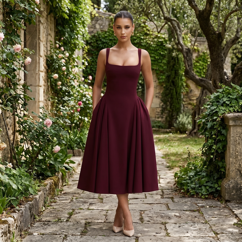 Alessia - Crepe Godet Midi Dress