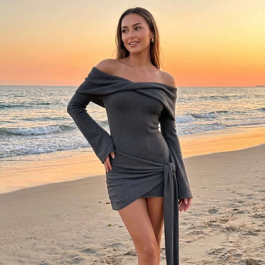 Ysolyn - Waist Knot Off-Shoulder Knitted Mini Dress