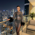 Amelira - Metallic Sheer Cuff Feather Mini Dress