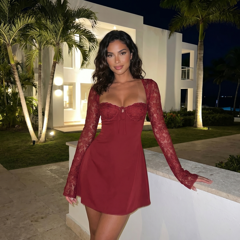 Aerithra - Tie-Up Lace Sleeves Mini Dress