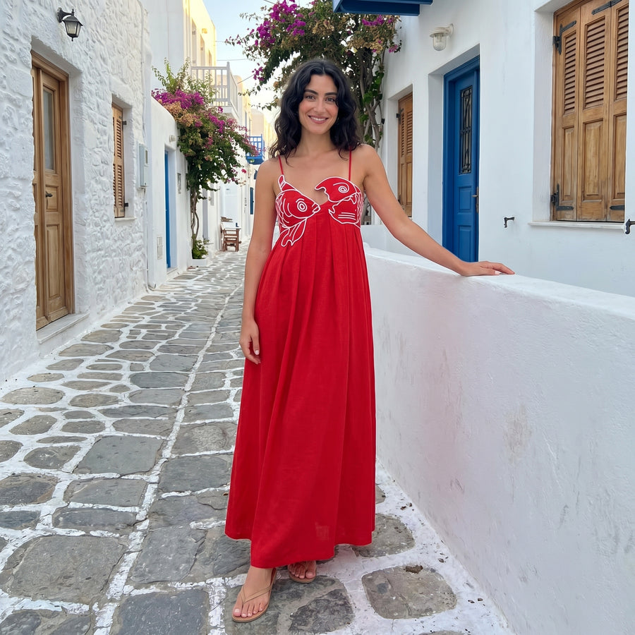 Audrie - Red Fish Embroidered Maxi Dress