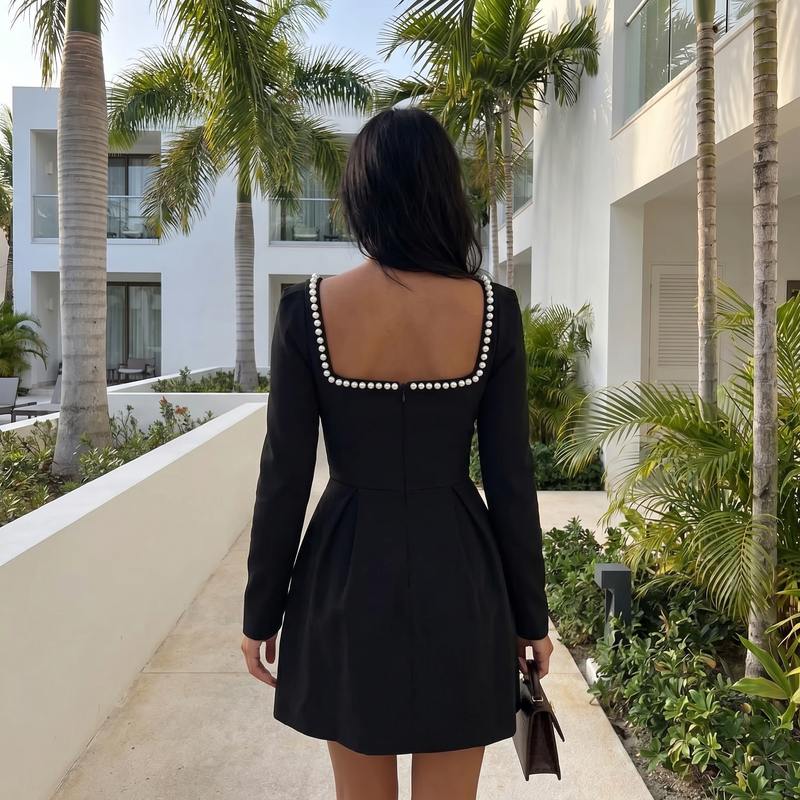 Cyrillae - Pearl Neck Pleated Mini Dress