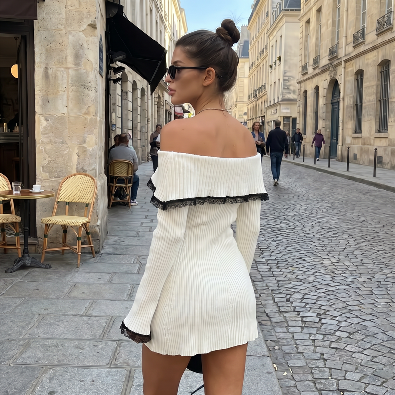 Vesper - Contrast-Lace Off-Shoulder Mini Dress