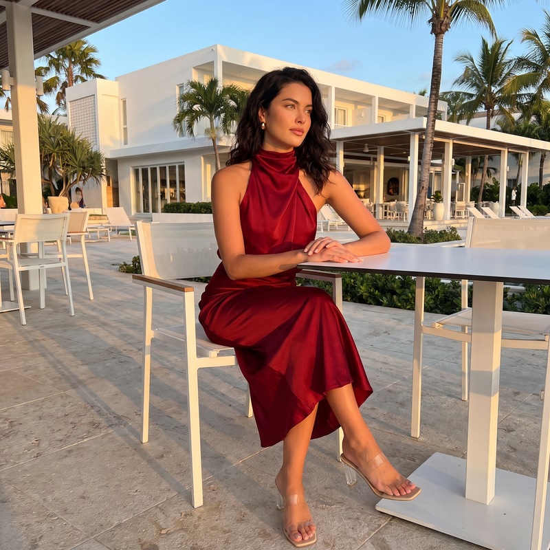 Nerina – Draped High-Neck Maxi Dress
