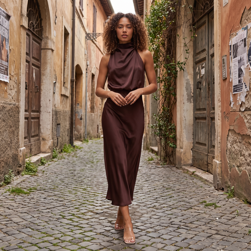 Nerina – Draped High-Neck Maxi Dress