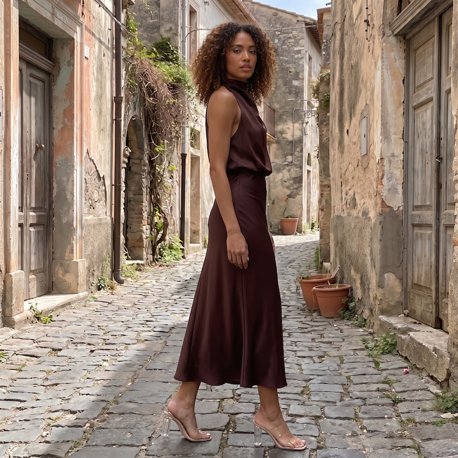 Nerina – Draped High-Neck Maxi Dress
