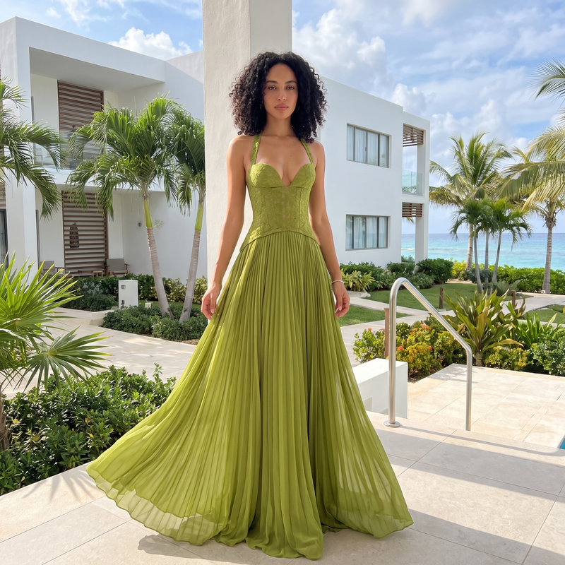 Veyra – Lace Corset Pleated Maxi Dress