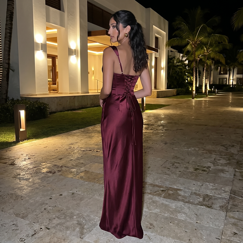 Thaliana – One-Shoulder Satin Corset Maxi Dress